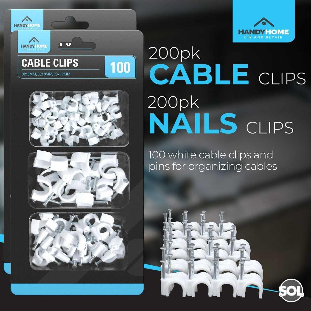 SOL 100pk Cable Clips 6mm,9mm, 12mm Wire Holders for Cables Cord Organisers Wall Mount Fixings Plastic Fasteners for Home Office Desk Television Computer Wiring Management Tidy Installation DIY Use