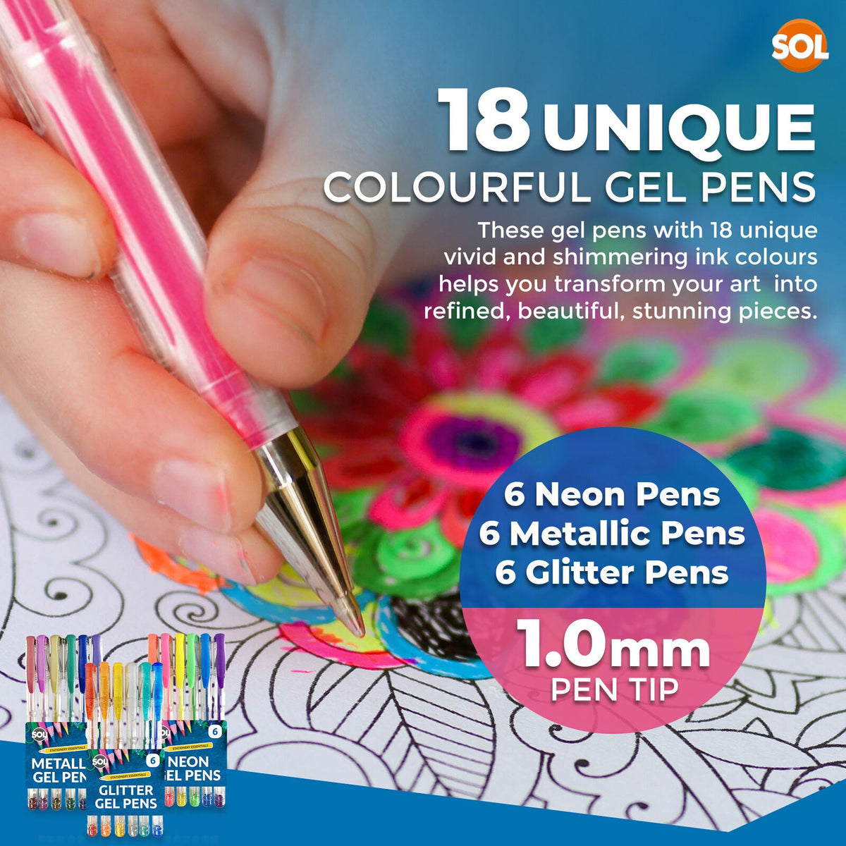 Gel Pens Set | Neon, Glitter & Metallic Colours for Writing and Colouring | 18 Pack