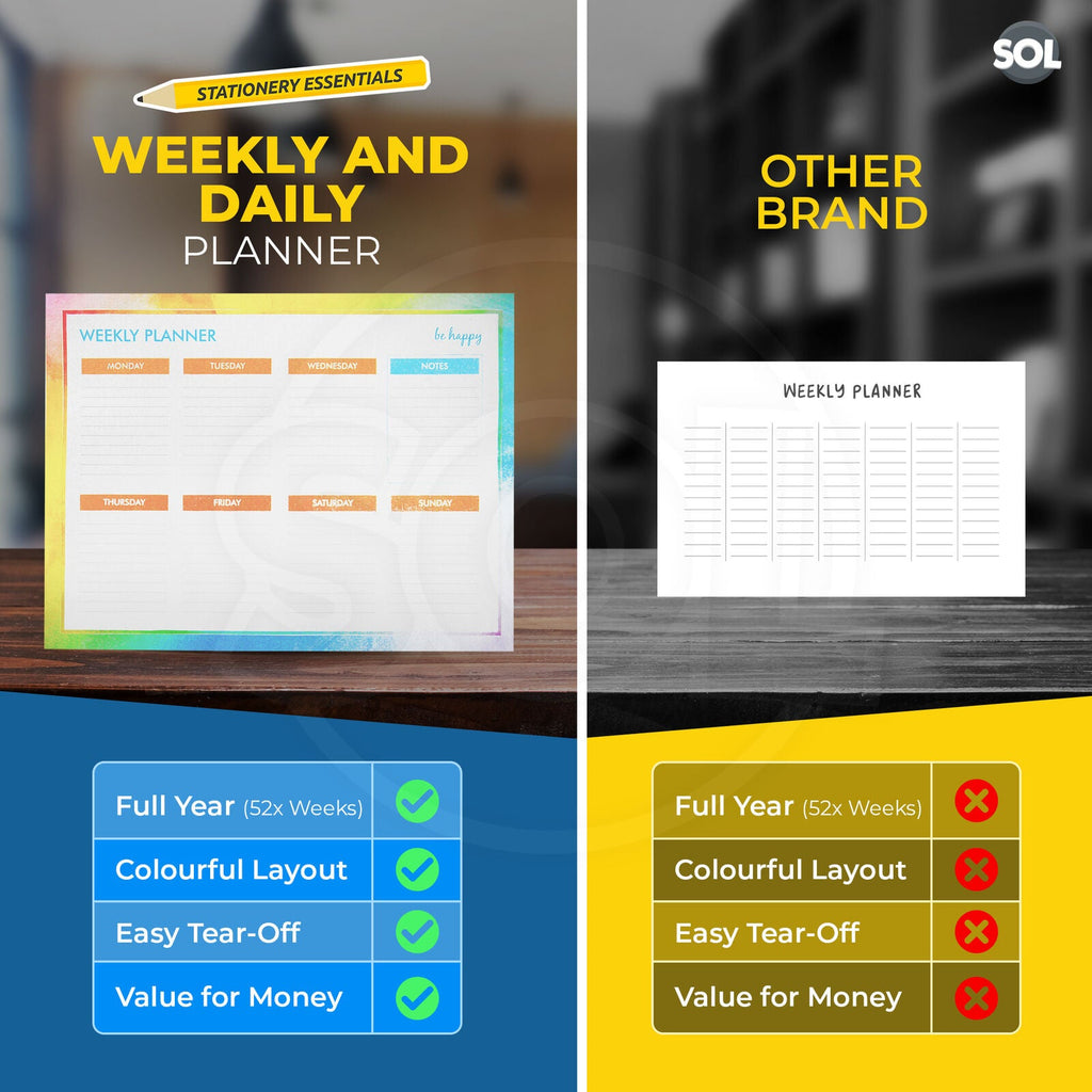 SOL Weekly Planner Pad for Scheduling & Time Management, 52 Sheets Tear-Off Design, 27x19cm Oraganises Schedules, Academic Planning, Personal Journal & Meal Plans, Ideal for Desk, Office and Home Use