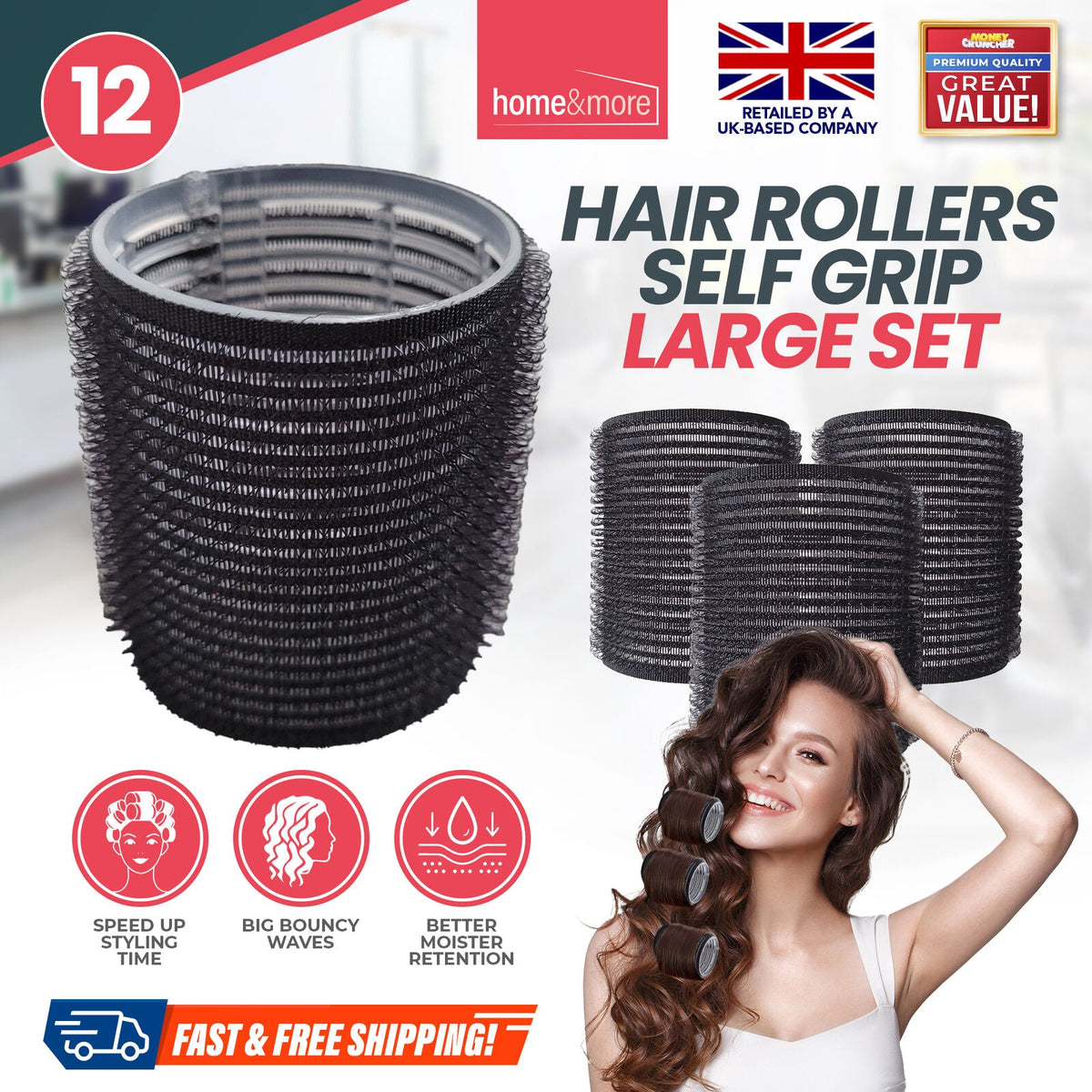 SOL 4pk Black Hair Rollers for Hair Volume - Self Grip, Boost Volume, Create Bouncy Waves, Reduce Heat Damage, Compact, Easy to Use, Travel-Friendly Styling Curler for Everyday Styling or Quick Fixes