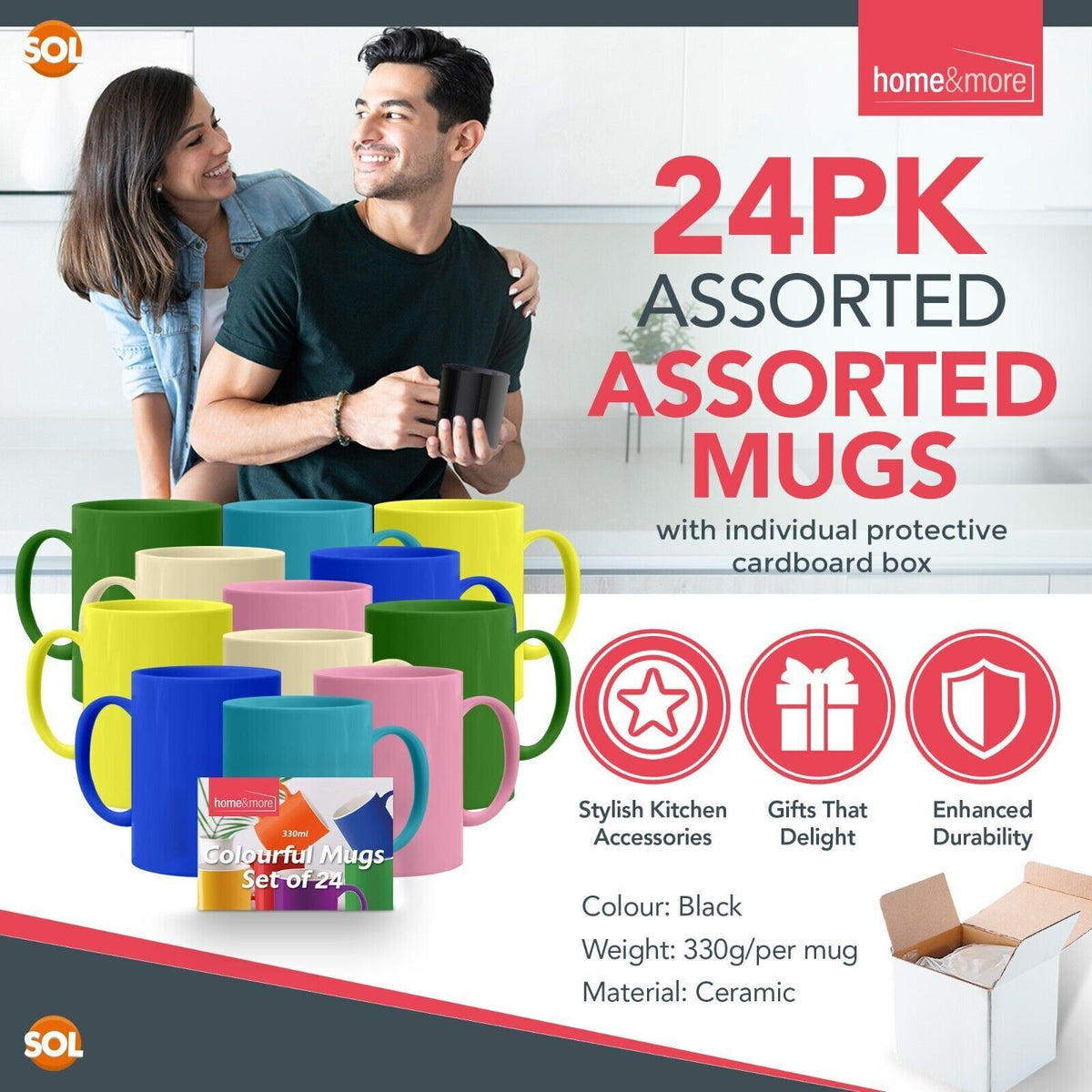 Multi Coloured Ceramic Mugs 330ml Set of 12