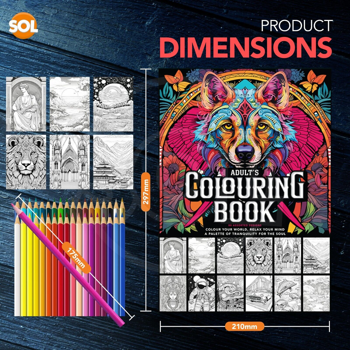 Adult Colouring Book A4 80 Pages + Premium Colouring Pencils 36 Set