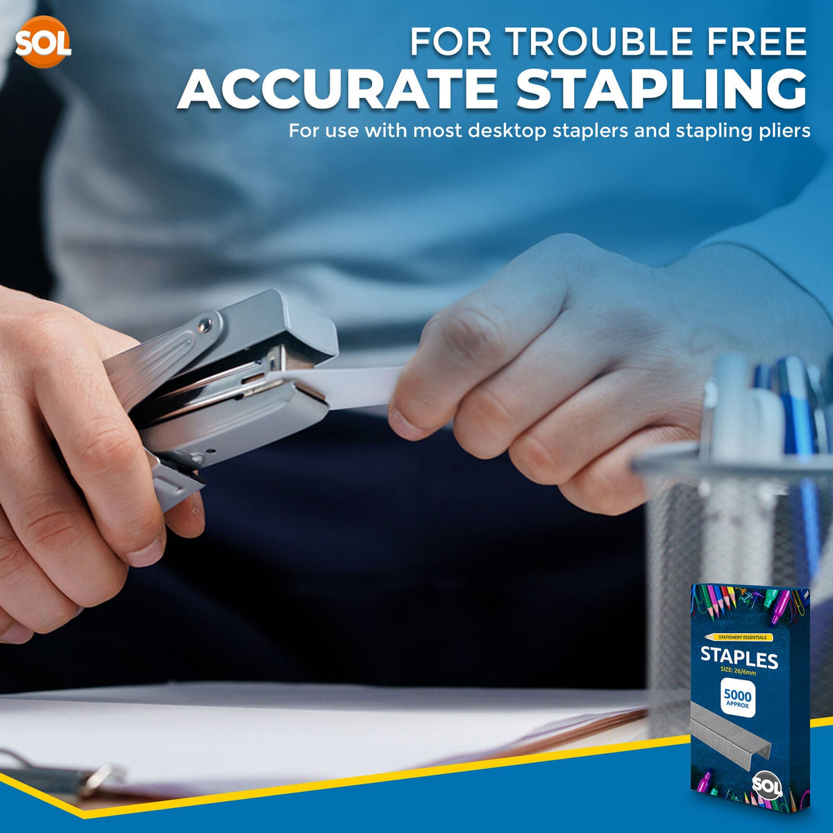 SOL 5000 Bulk Supply 26/6 Staples – Durable Steel Anti-Jam and Multipurpose Design, Compatible with Standard Staplers, Use for Office, Home and School Paper Binding