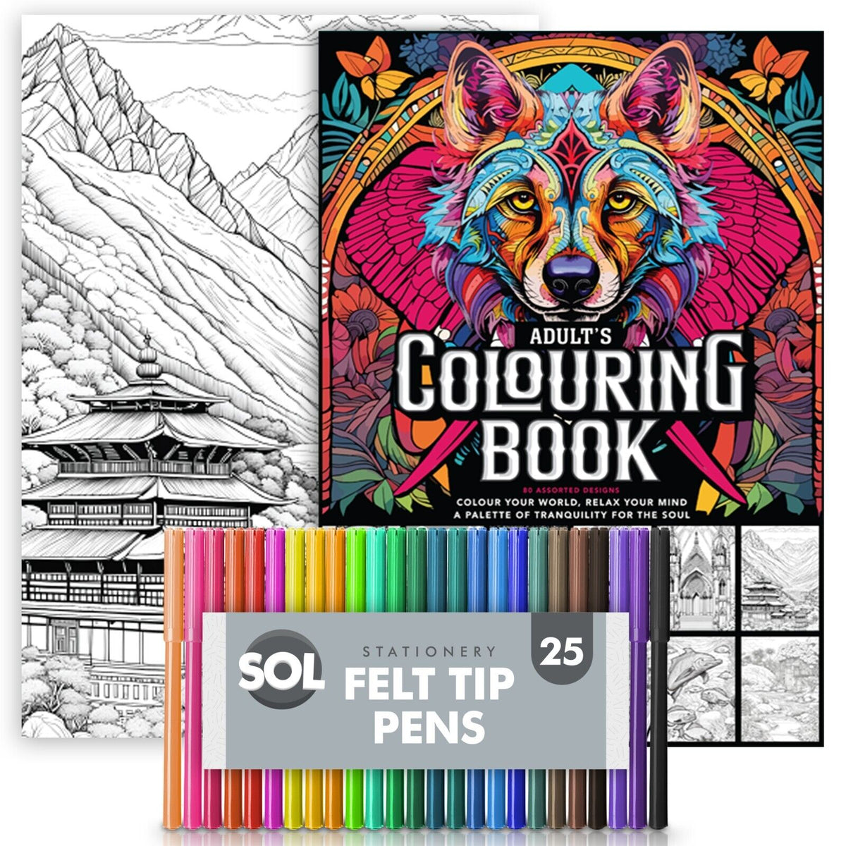 Adult Colouring Book A4 80 Pages + Felt Tip Pens 25 Set