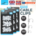 SOL 100pk Cable Clips 6mm,9mm, 12mm Wire Holders for Cables Cord Organisers Wall Mount Fixings Plastic Fasteners for Home Office Desk Television Computer Wiring Management Tidy Installation DIY Use