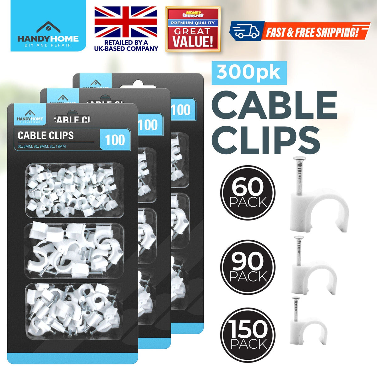 SOL 100pk Cable Clips 6mm,9mm, 12mm Wire Holders for Cables Cord Organisers Wall Mount Fixings Plastic Fasteners for Home Office Desk Television Computer Wiring Management Tidy Installation DIY Use