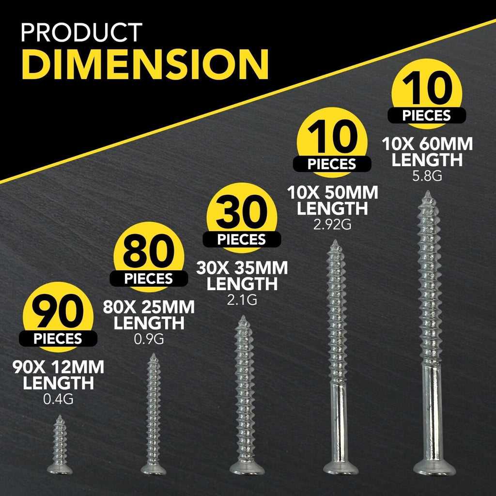 Wood Screws | Assorted Countersunk Mixed Selection Set | 220 Pack