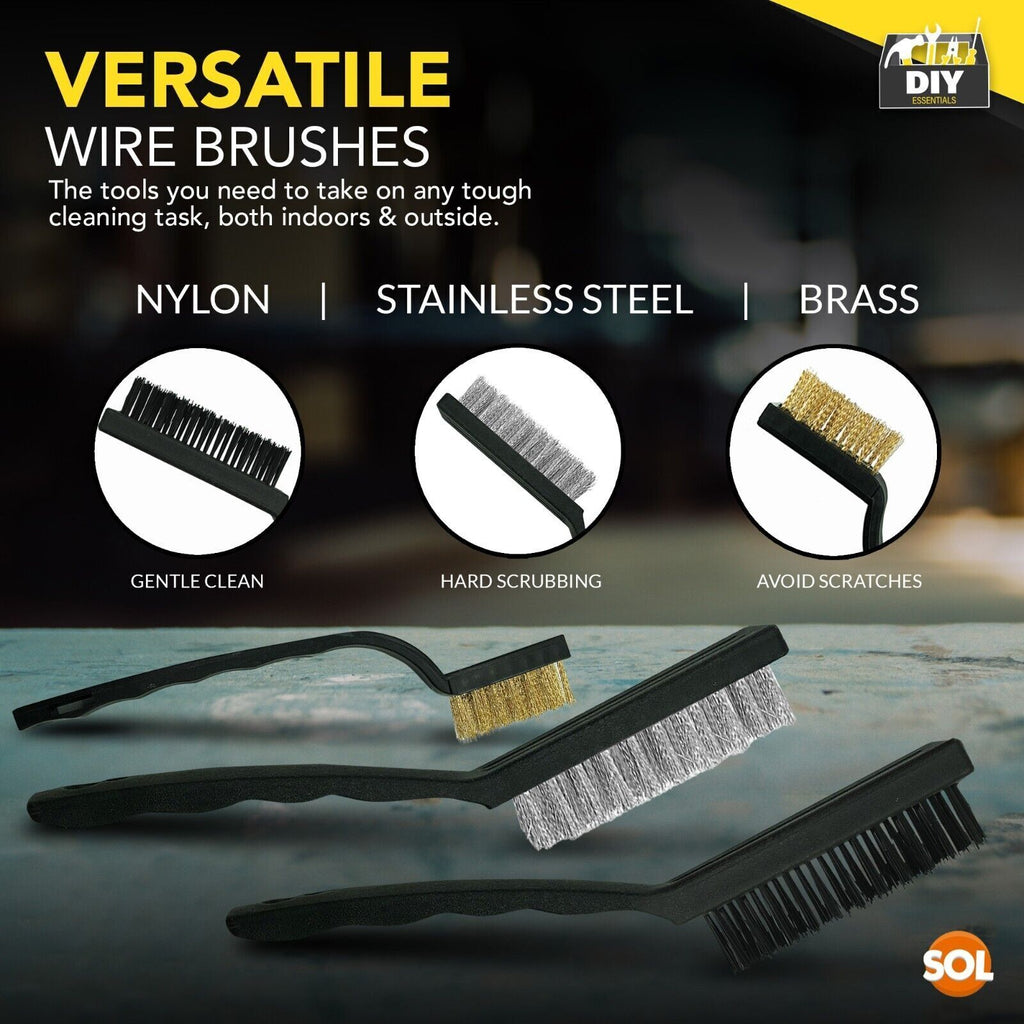 Wire Brush Set Steel Brass Nylon | Cleaning Rust Paint | 6 Pack