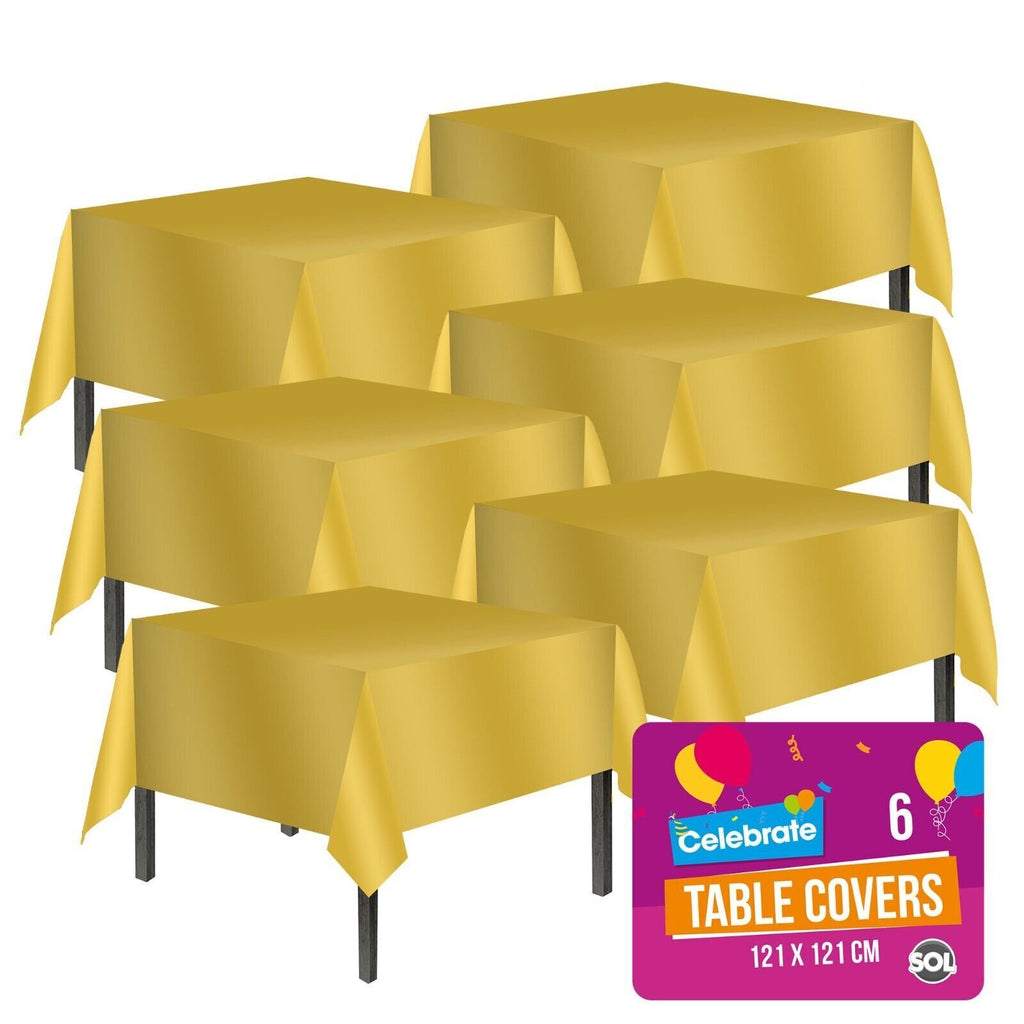 Gold Plastic Table Covers Square | Disposable Wipe Clean | 6 Pack