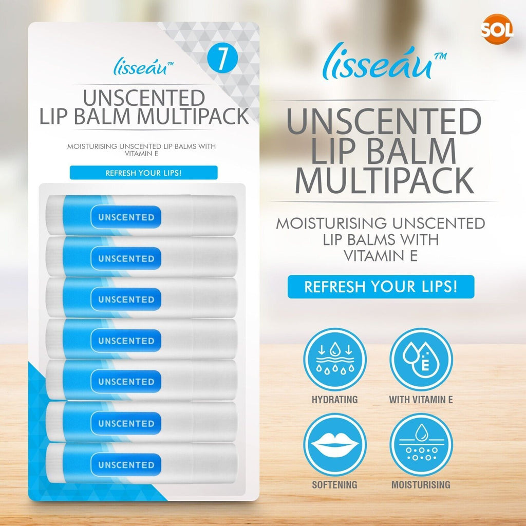 SOL Unscented Lip Balm Multipack - Moisturiser & Hydrating Lipbalm for Men and Women, Repair for Dry, Chapped Lips With Vitamin E, Long-Lasting Lip Care Sticks for Home, Office, or On-the-Go Use