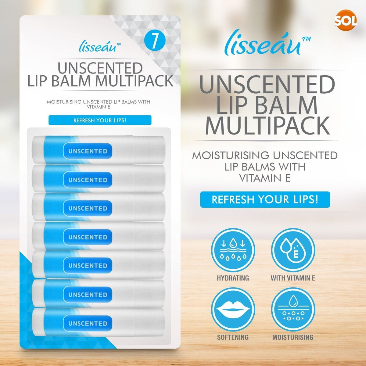 SOL Unscented Lip Balm Multipack - Moisturiser & Hydrating Lipbalm for Men and Women, Repair for Dry, Chapped Lips With Vitamin E, Long-Lasting Lip Care Sticks for Home, Office, or On-the-Go Use