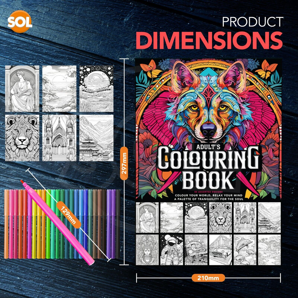 Adult Colouring Book A4 80 Pages + Felt Tip Pens 25 Set