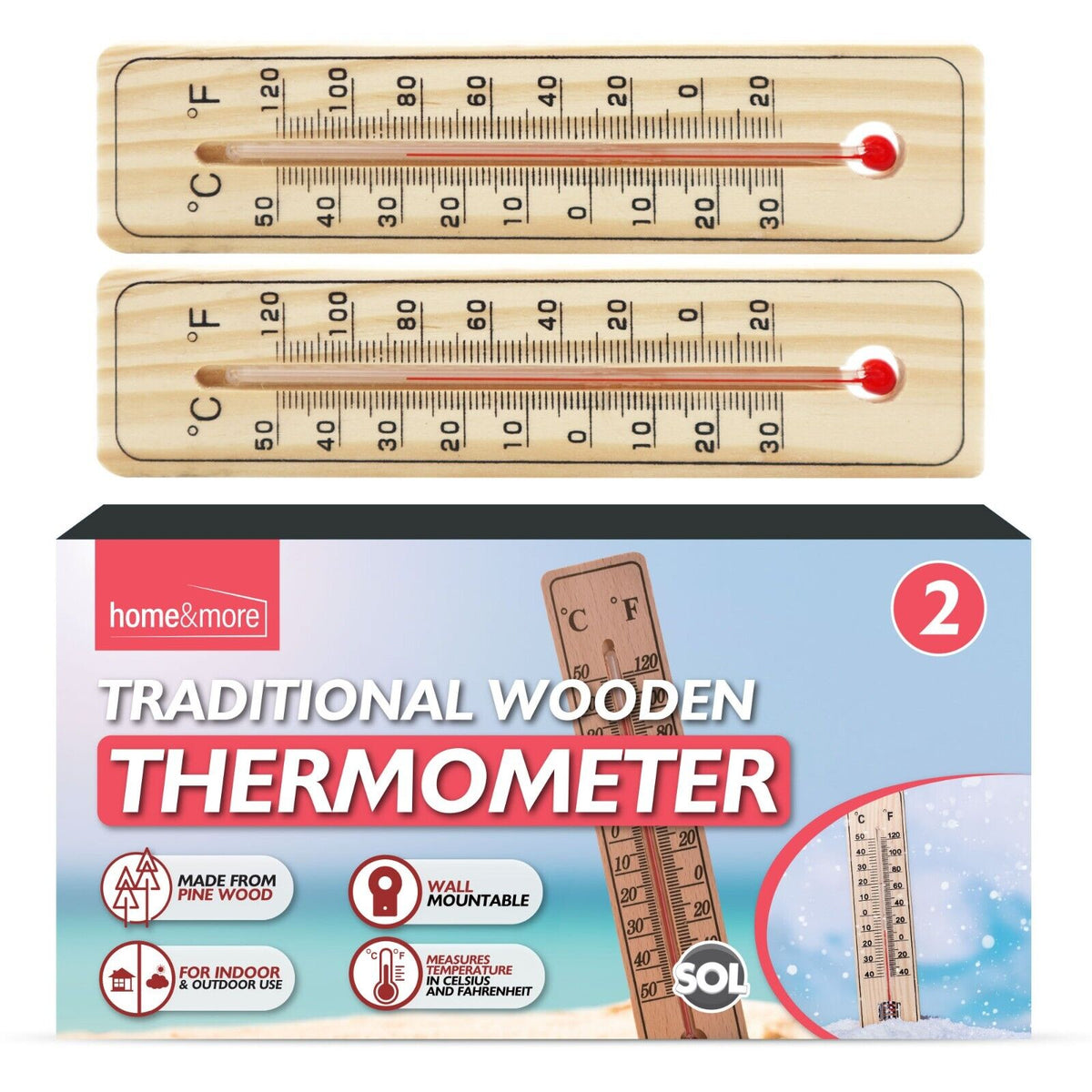 Wooden Wall Thermometer Indoor Outdoor Home Garden | 2 Pack