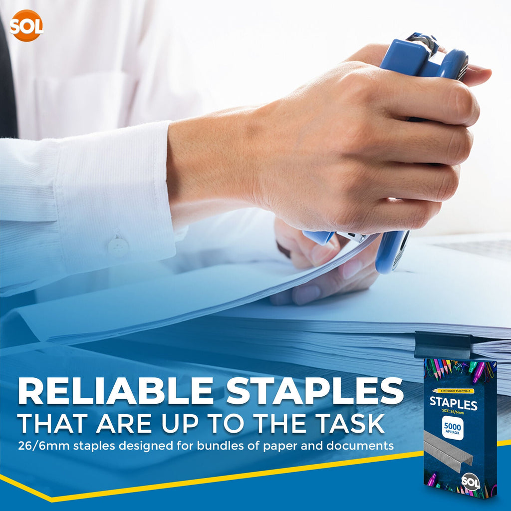 SOL 5000 Bulk Supply 26/6 Staples – Durable Steel Anti-Jam and Multipurpose Design, Compatible with Standard Staplers, Use for Office, Home and School Paper Binding