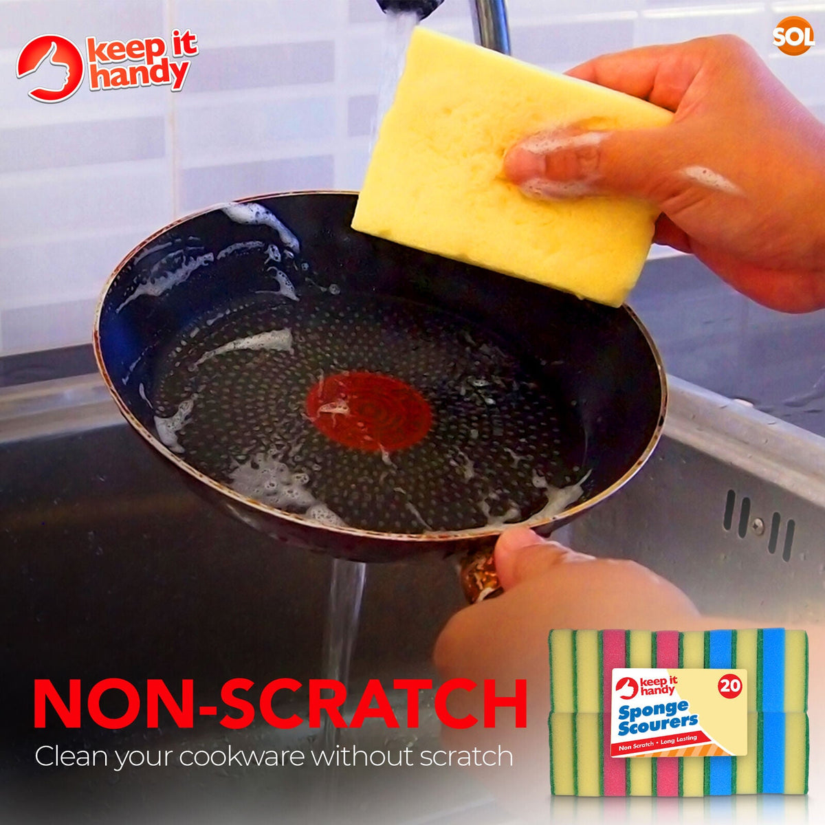 SOL 20pk Small Sponge Scourers for Kitchen - Blue, Pink, Yellow Washing Up Sponges, Durable and Effective for Cleaning, Dishwashing, and Bathroom Surfaces, Perfect for Daily Use in Kitchen and Home