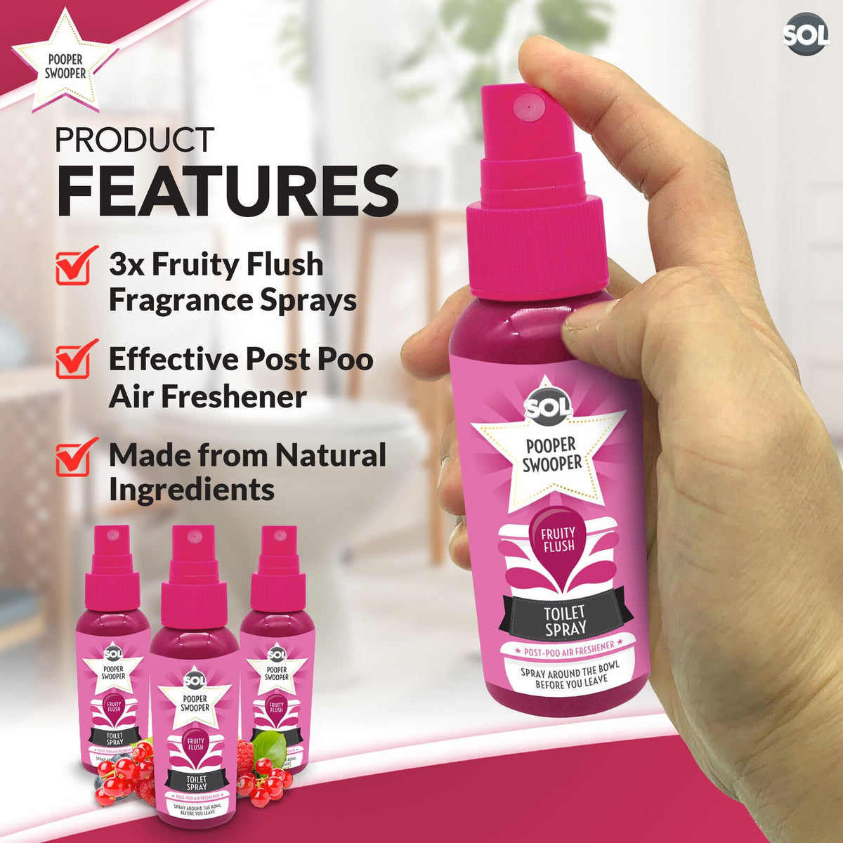 Pooper Star Toilet Spray | Fruity Fragrance Air Freshener | 3 Pack