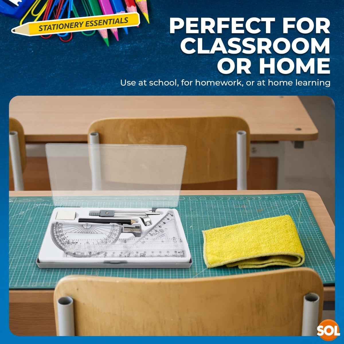 Maths Geometry Set | Compass Ruler Protractor Exam Case | 8 Piece