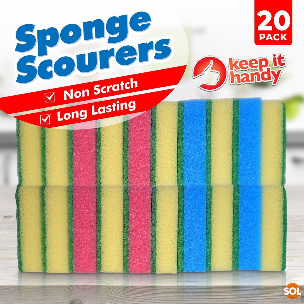 SOL 20pk Small Sponge Scourers for Kitchen - Blue, Pink, Yellow Washing Up Sponges, Durable and Effective for Cleaning, Dishwashing, and Bathroom Surfaces, Perfect for Daily Use in Kitchen and Home