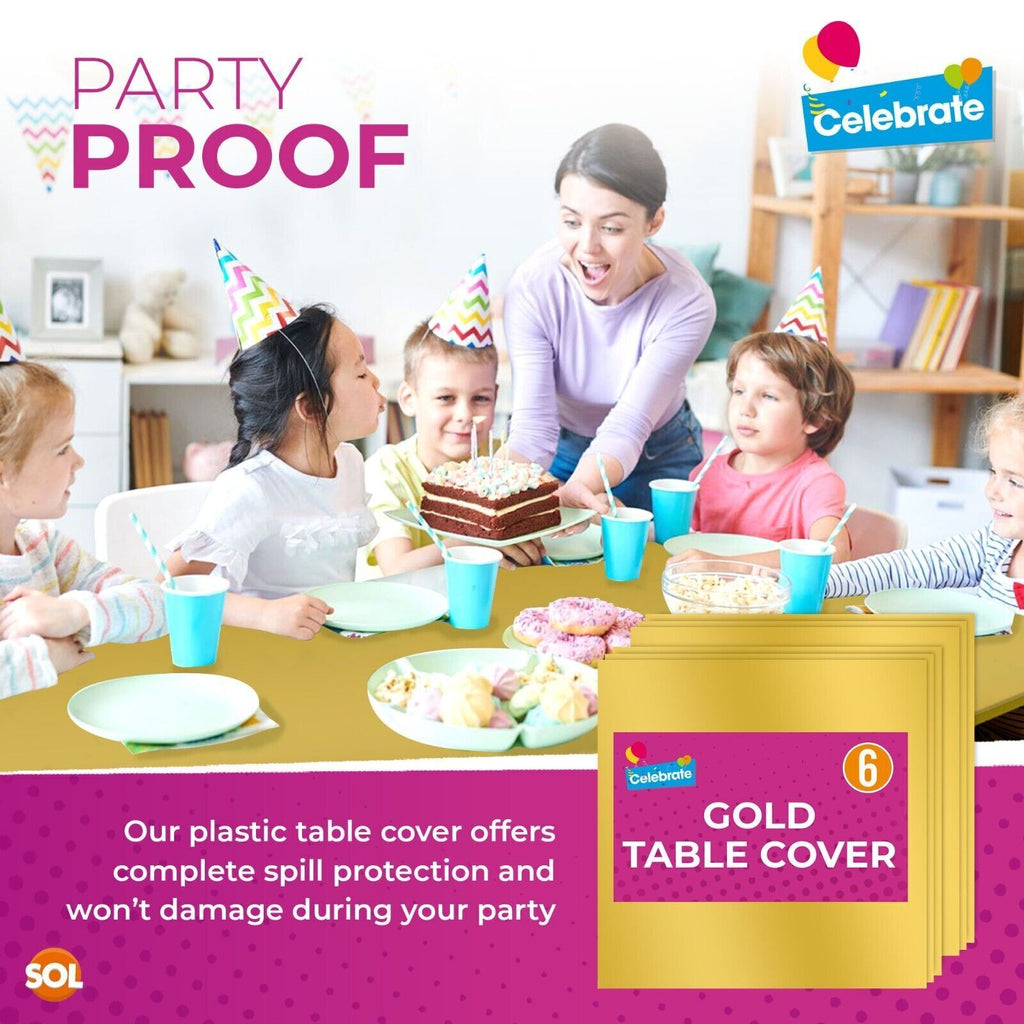 Gold Plastic Table Covers Square | Disposable Wipe Clean | 6 Pack