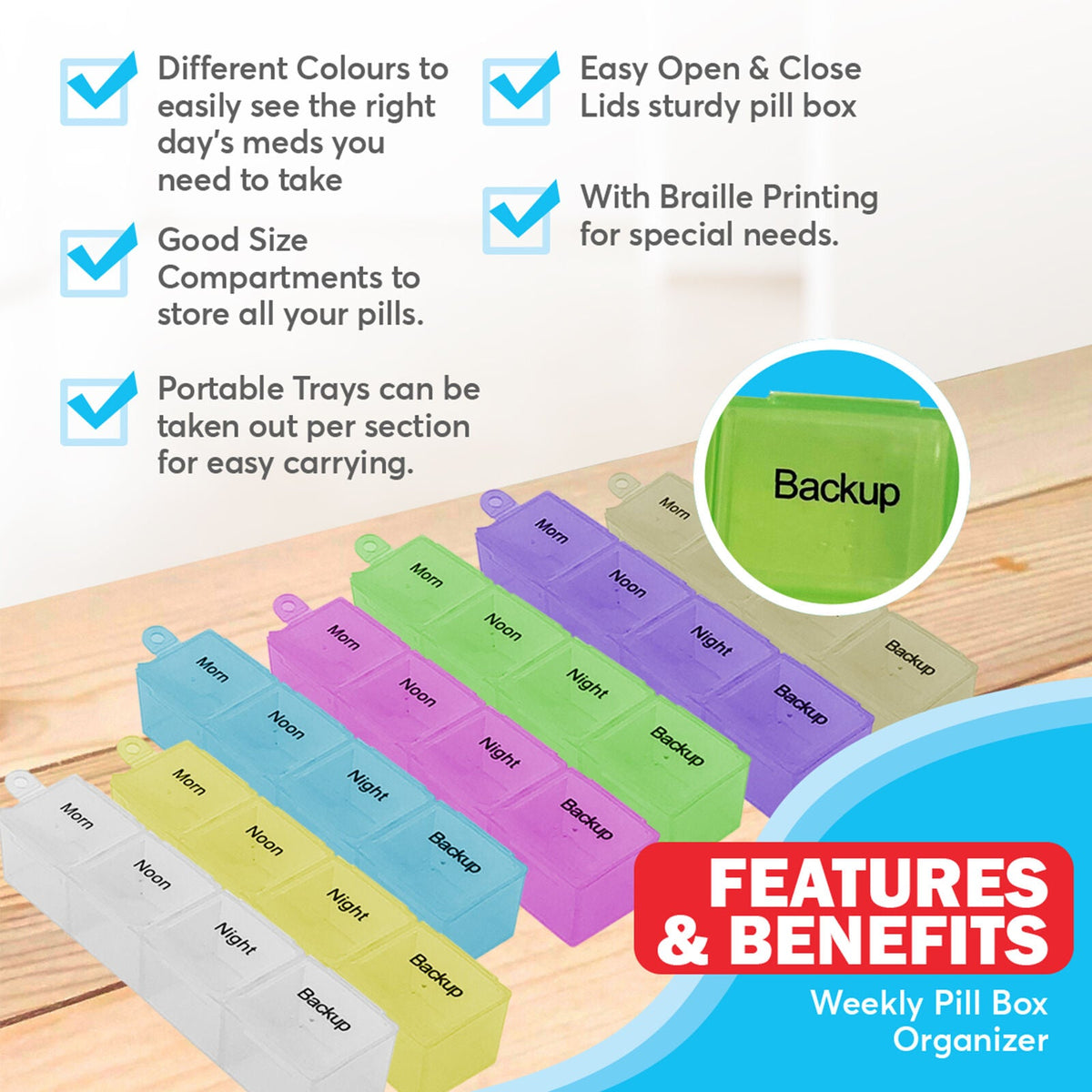 Large Capacity Pill Organiser | Weekly 7 Day AM PM Backup