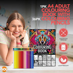 Adult Colouring Book A4 80 Pages + Premium Colouring Pencils 36 Set
