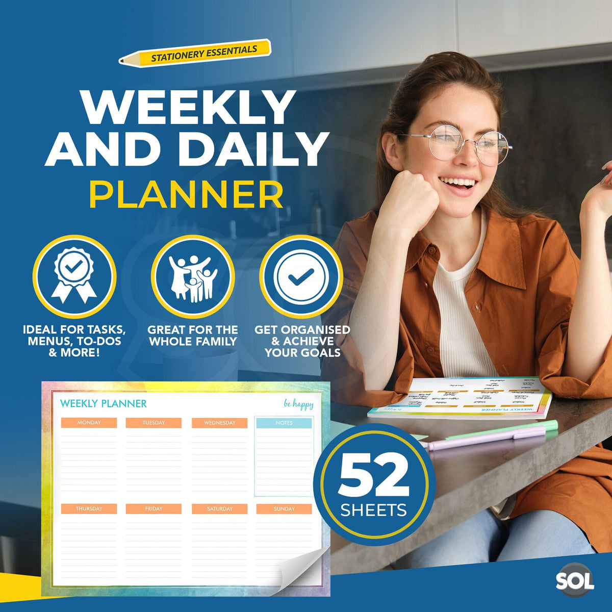 SOL Weekly Planner Pad for Scheduling & Time Management, 52 Sheets Tear-Off Design, 27x19cm Oraganises Schedules, Academic Planning, Personal Journal & Meal Plans, Ideal for Desk, Office and Home Use