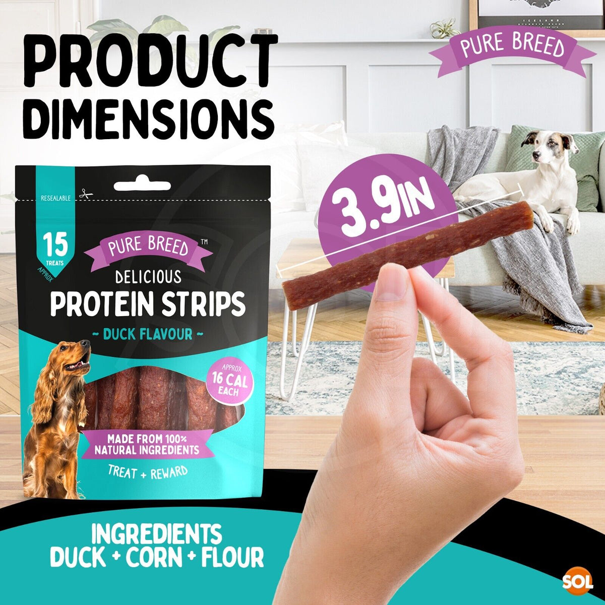 Pure Breed 600g Protein Chicken Strips Dog Treats For Medium Dogs in 4x Resealable 150g Bags, Healthy Low Calorie Natural Treat Made with Real Chicken Chews Training Rewards For Small - Large Pup