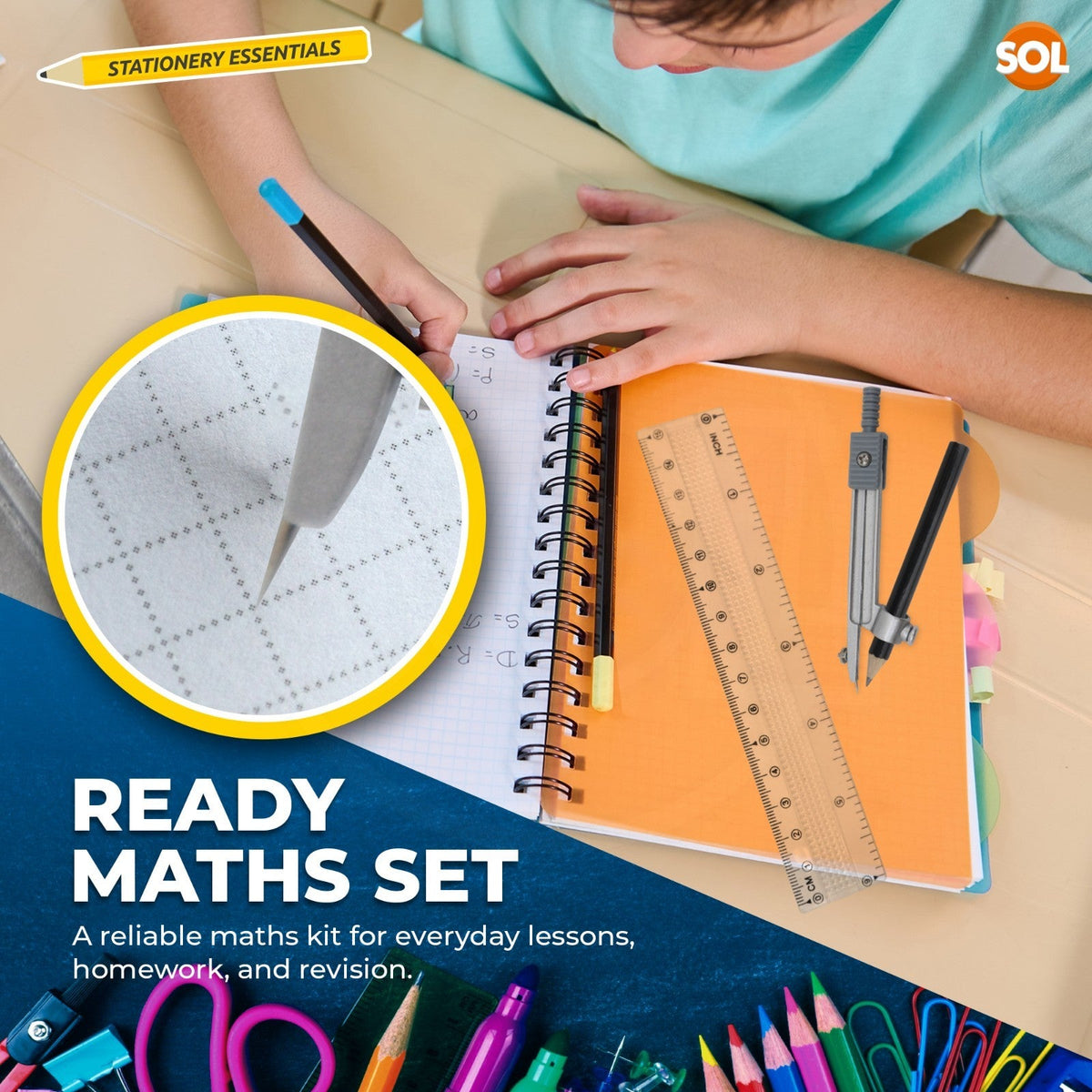 Maths Geometry Set | Compass Ruler Protractor Exam Case | 8 Piece
