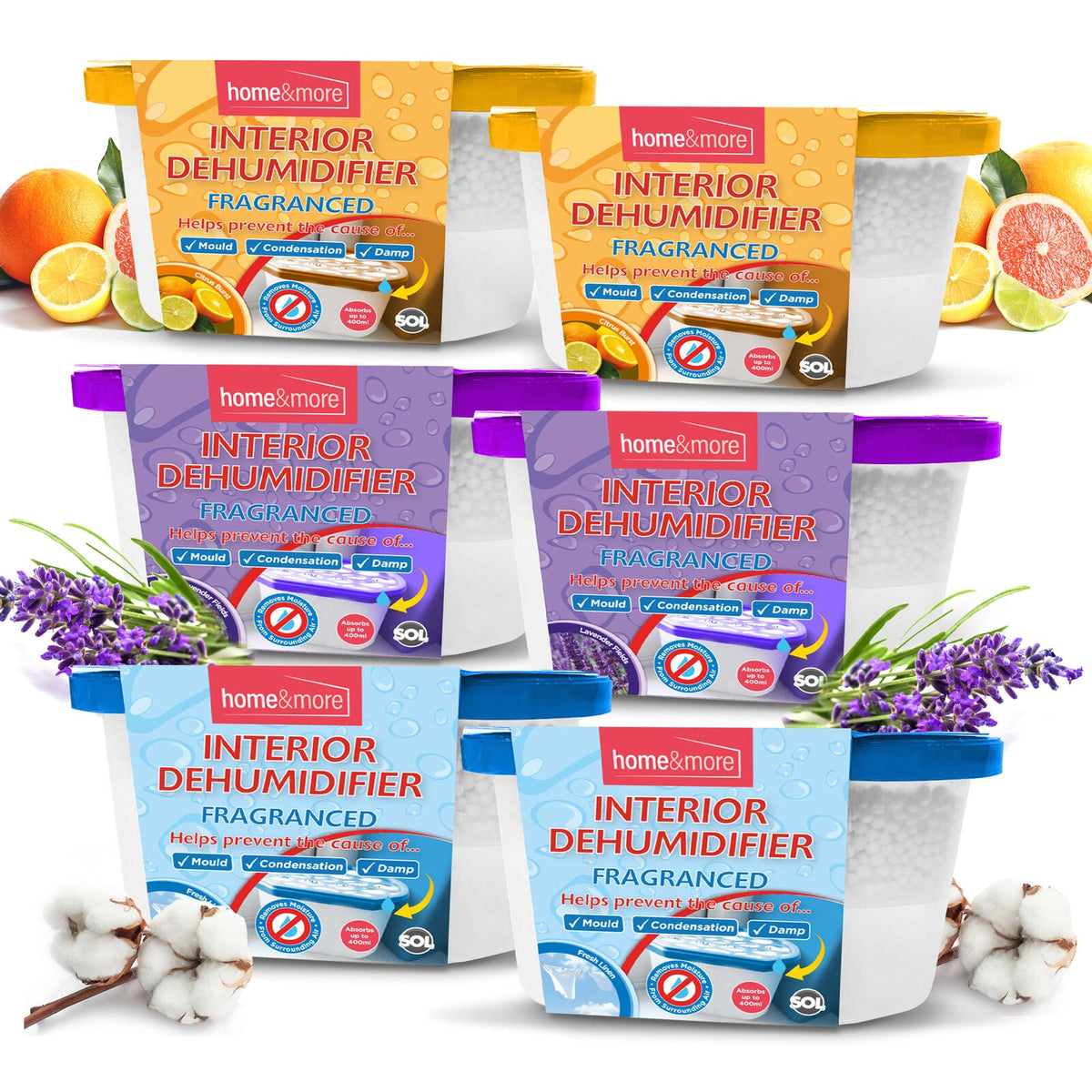 SOL 12pk 400ml Interior Dehumidifiers in Lavender, Citrus or Rose Scent | Windor Moisture Absorber for Home, Wardrobe, Damp Traps Condensation Absorbers Window, Mini Dehumidifier Disposable