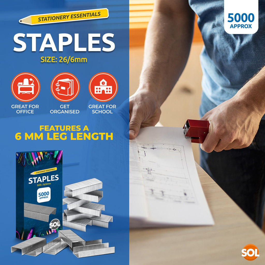 SOL 5000 Bulk Supply 26/6 Staples – Durable Steel Anti-Jam and Multipurpose Design, Compatible with Standard Staplers, Use for Office, Home and School Paper Binding