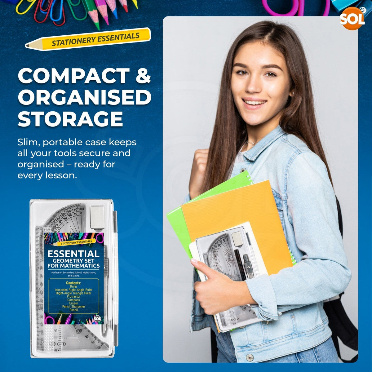 Maths Geometry Set | Compass Ruler Protractor Exam Case | 8 Piece