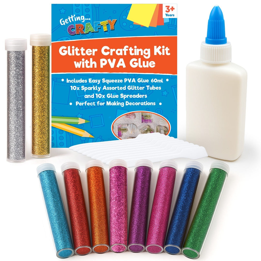 Glitter Glue Tubes with PVA & Spreader | Assorted Colours Arts & Crafts Set | 10 Pack