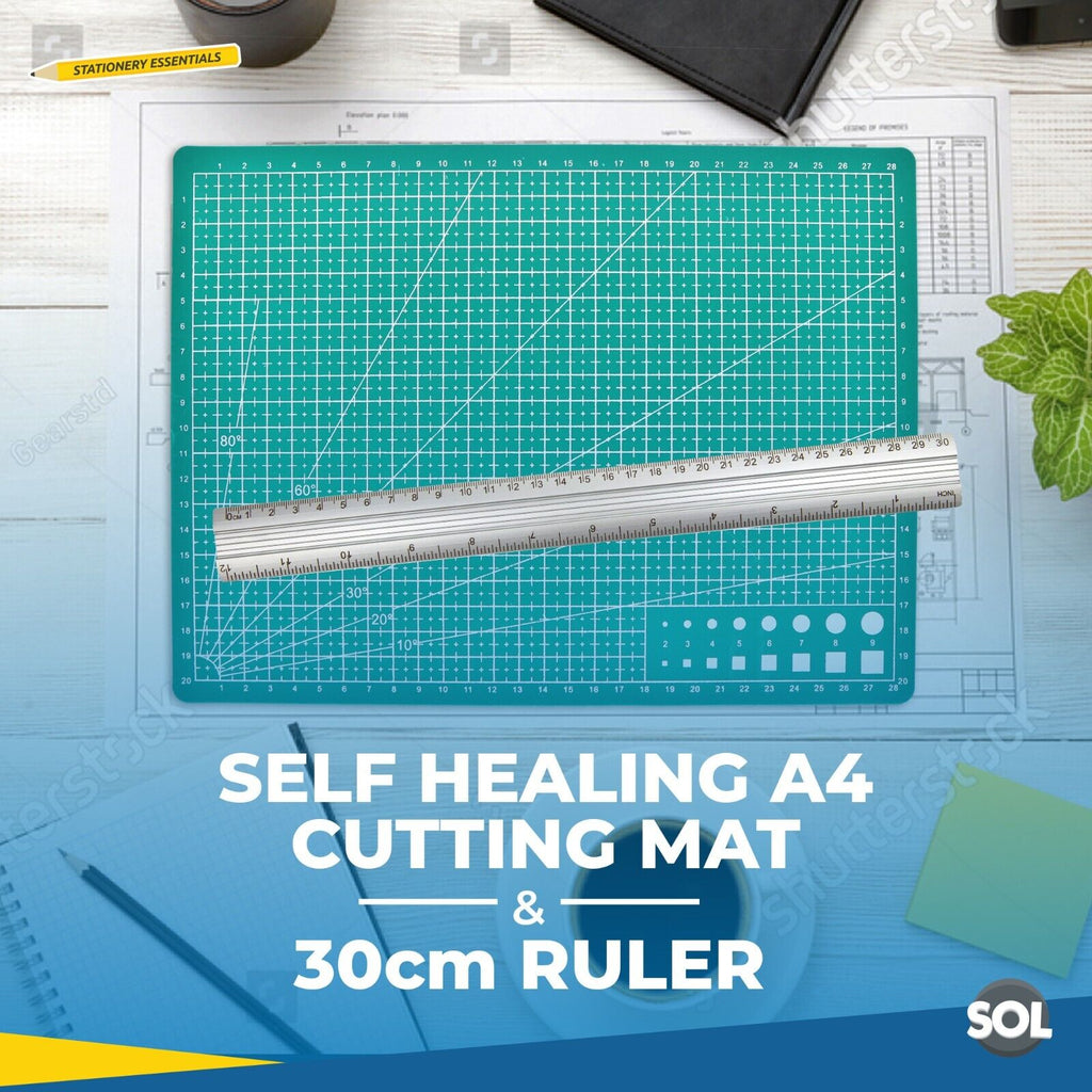 A4 Cutting Mat Self Healing Non Slip Printed Grid Lines Craft + 30cm Metal Ruler