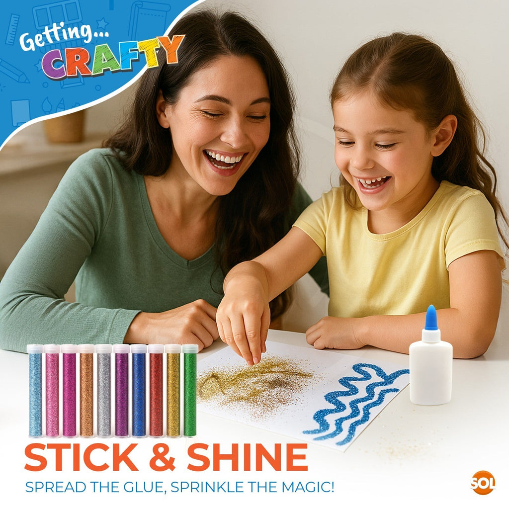 Glitter Glue Tubes with PVA & Spreader | Assorted Colours Arts & Crafts Set | 10 Pack