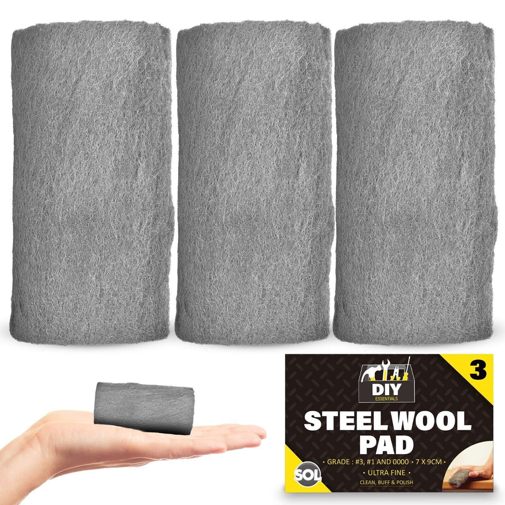 Three rolls of steel wool and a package labeled 'DIY Steel Wool Pad', indicating various grades of the product for different uses in cleaning and polishing.