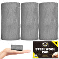 Three rolls of steel wool and a package labeled 'DIY Steel Wool Pad', indicating various grades of the product for different uses in cleaning and polishing.