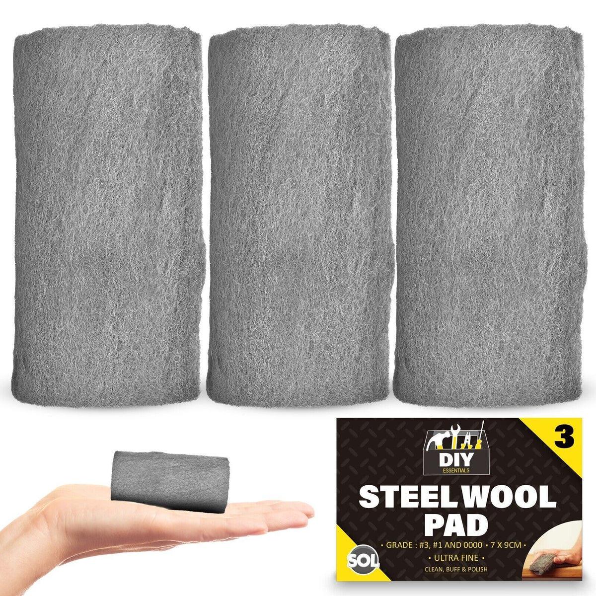 Three rolls of steel wool and a package labeled 'DIY Steel Wool Pad', indicating various grades of the product for different uses in cleaning and polishing.