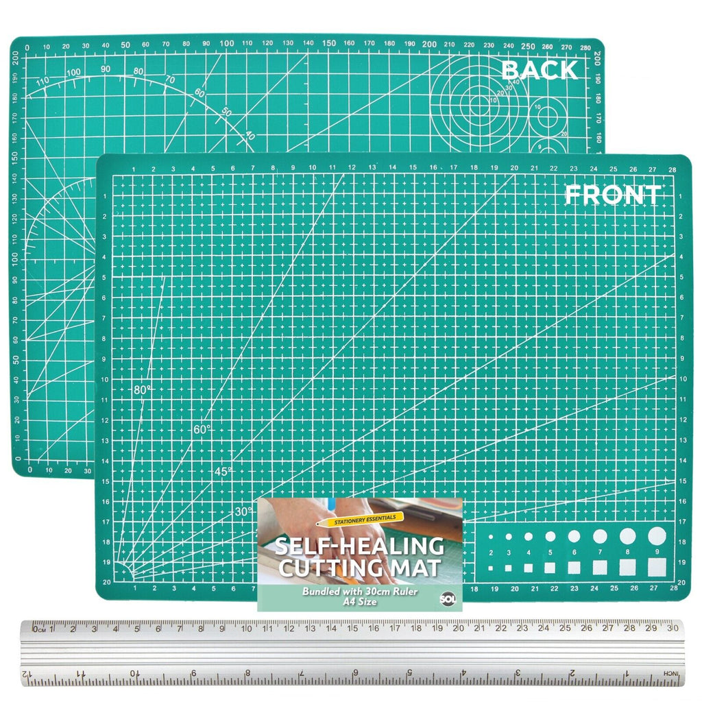 A4 Cutting Mat Self Healing Non Slip Printed Grid Lines Craft + 30cm Metal Ruler
