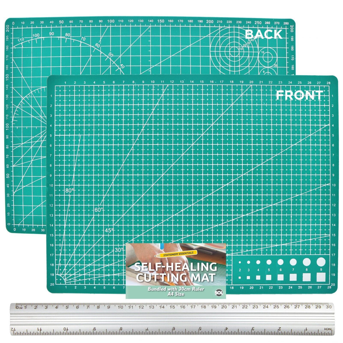 A4 Cutting Mat Self Healing Non Slip Printed Grid Lines Craft + 30cm Metal Ruler