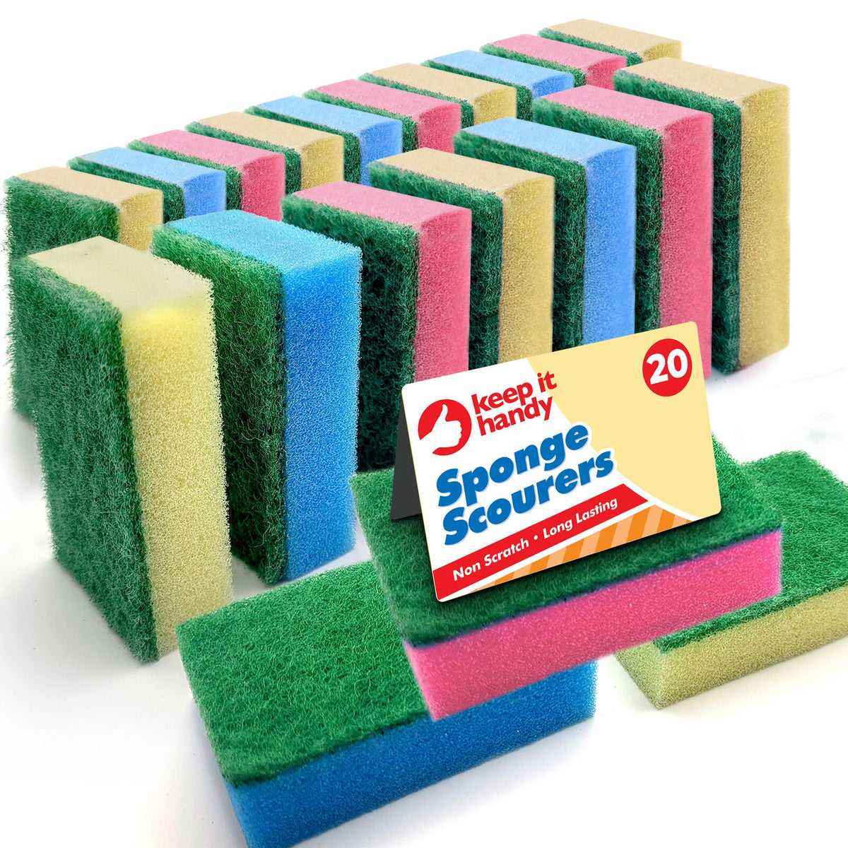 SOL 20pk Small Sponge Scourers for Kitchen - Blue, Pink, Yellow Washing Up Sponges, Durable and Effective for Cleaning, Dishwashing, and Bathroom Surfaces, Perfect for Daily Use in Kitchen and Home