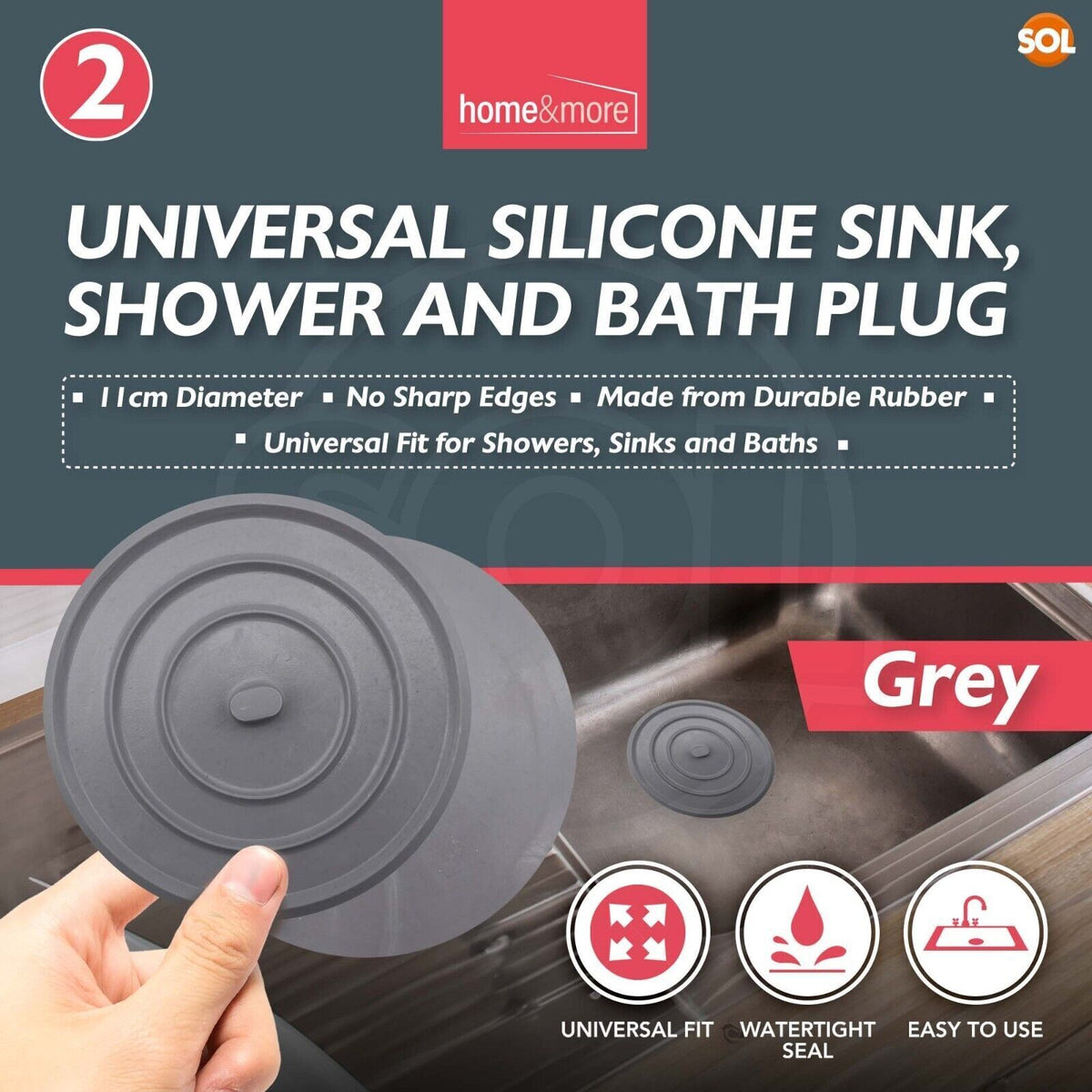 SOL 2pk Grey Universal Silicone Sink, Shower and Bath Plugs, 11cm Replacement UK Bathtub Stoppers, Watertight Seal, Easy to Use, Handles Hot and Cold Water, Ideal for Drains in Kitchen and Bathroom