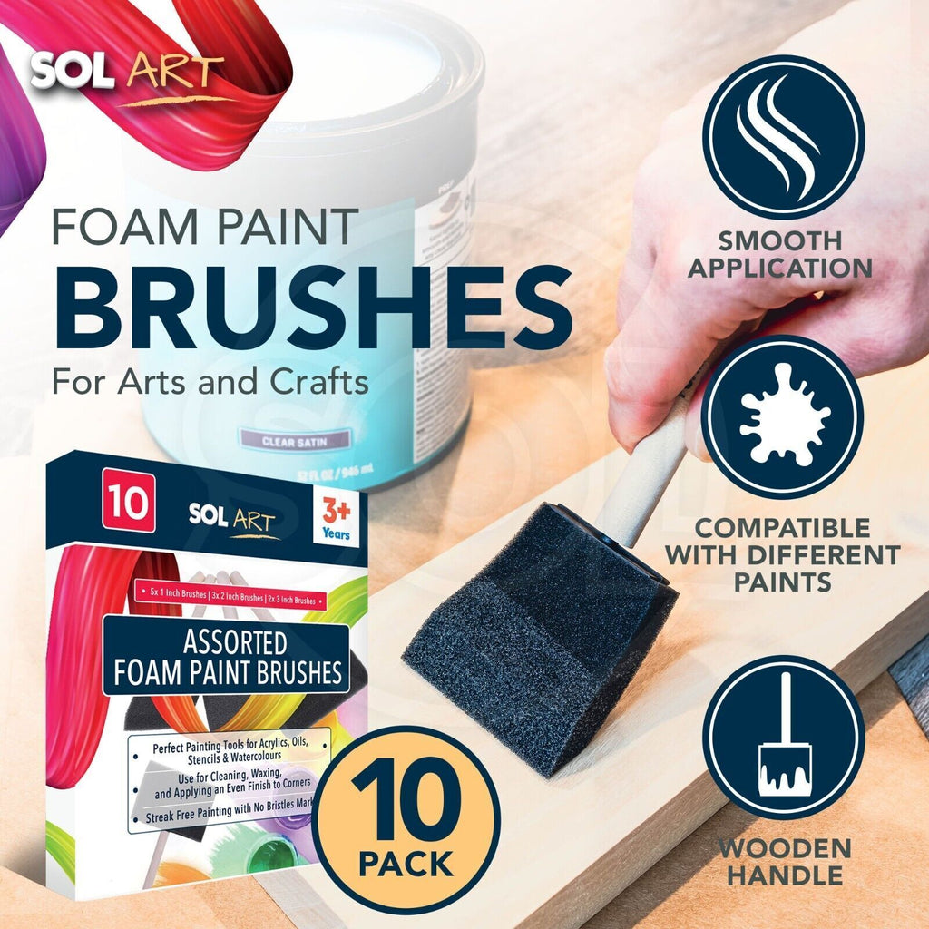 Foam Paint Brushes Assorted Sizes 1" 2" 3" | Craft & DIY | 10 Pack