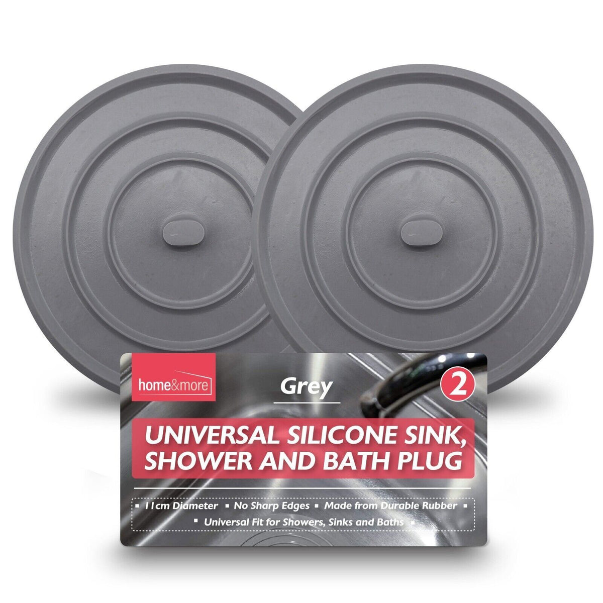 SOL 2pk Grey Universal Silicone Sink, Shower and Bath Plugs, 11cm Replacement UK Bathtub Stoppers, Watertight Seal, Easy to Use, Handles Hot and Cold Water, Ideal for Drains in Kitchen and Bathroom