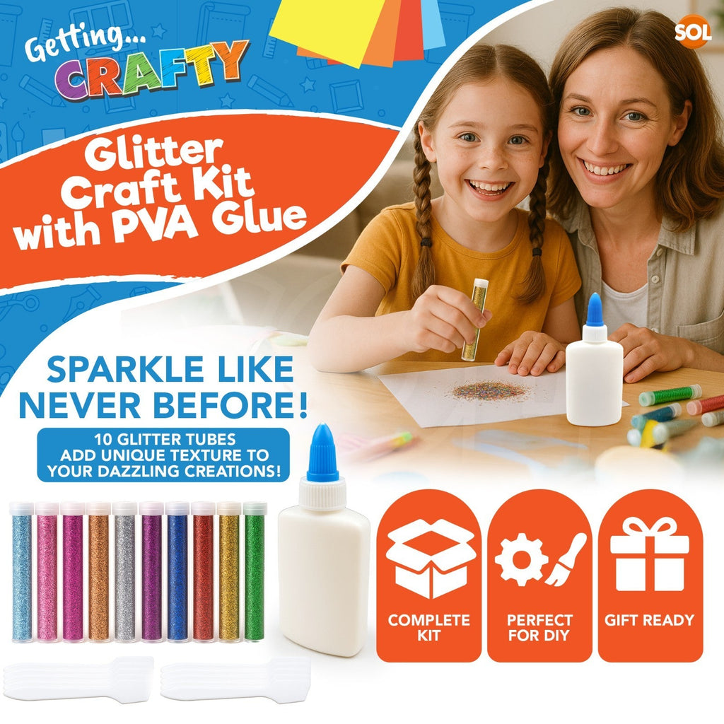 Glitter Glue Tubes with PVA & Spreader | Assorted Colours Arts & Crafts Set | 10 Pack
