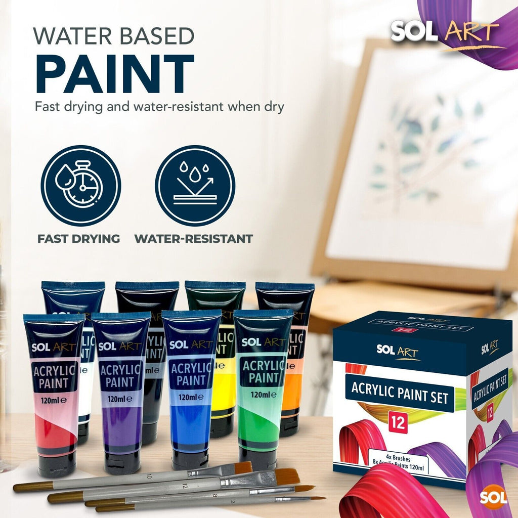 Acrylic Paint Tubes 120ml + Brushes | Assorted Colours | 16 Pack