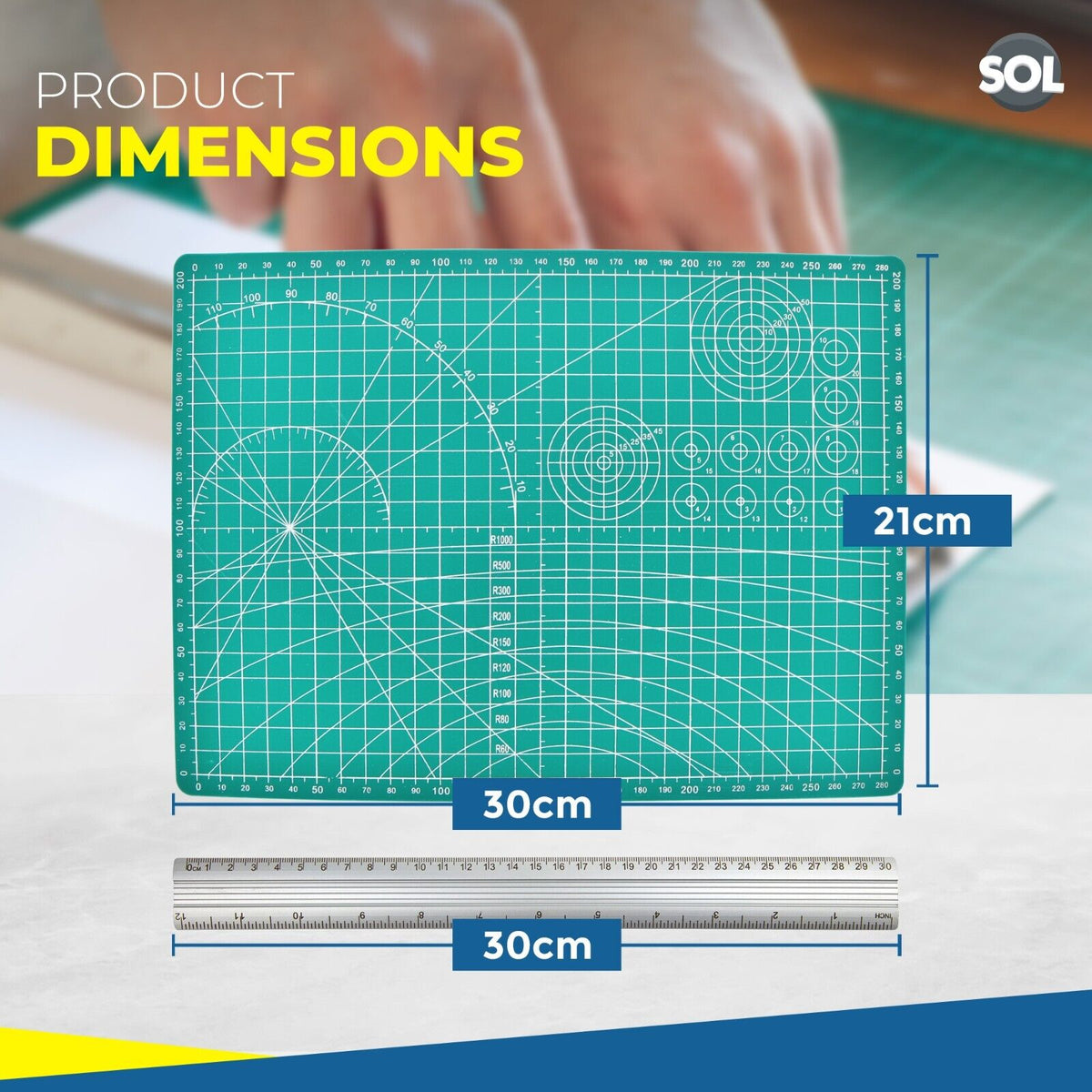 A4 Cutting Mat Self Healing Non Slip Printed Grid Lines Craft + 30cm Metal Ruler