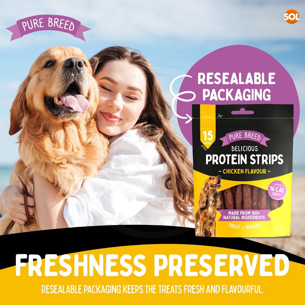 Pure Breed 600g Protein Chicken Strips Dog Treats For Medium Dogs in 4x Resealable 150g Bags, Healthy Low Calorie Natural Treat Made with Real Chicken Chews Training Rewards For Small - Large Pup