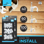 SOL 100pk Cable Clips 6mm,9mm, 12mm Wire Holders for Cables Cord Organisers Wall Mount Fixings Plastic Fasteners for Home Office Desk Television Computer Wiring Management Tidy Installation DIY Use