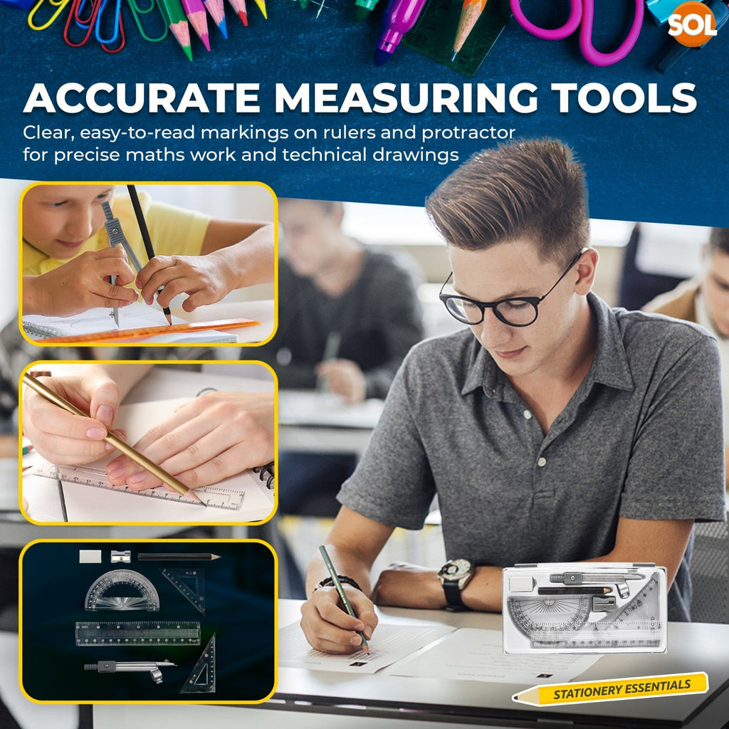 Maths Geometry Set | Compass Ruler Protractor Exam Case | 8 Piece