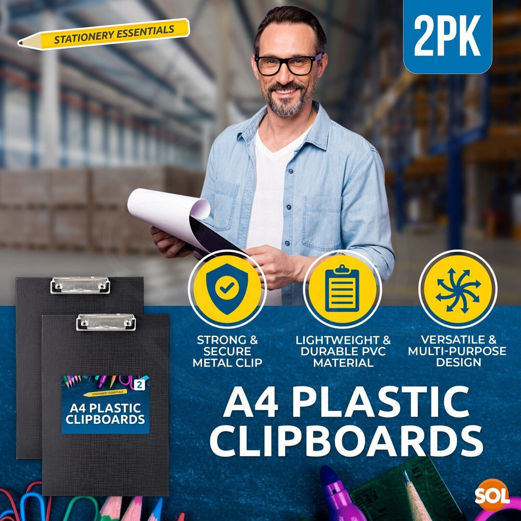 A4 Clipboard Black PVC Holder with Pen Clip | 2 Pack